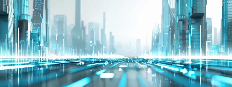 a futuristic cityscape with skyscrapers connected by glowing blue lines symbolizing high-speed data 