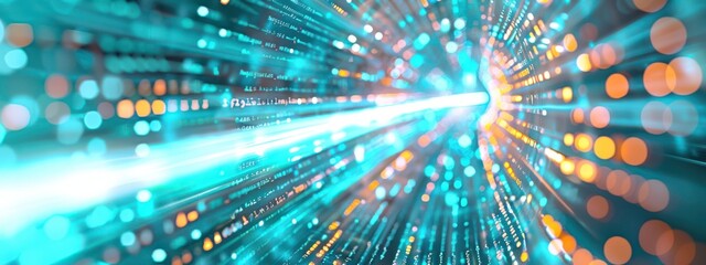 Poster - A futuristic device emitting bright blue and white data beams, set against a sleek, modern background with abstract digital elements, illustrating the concept of fast data transmission.