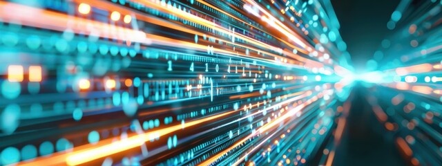 Poster - a futuristic device emitting bright blue and white data beams, set against a sleek, modern backgroun