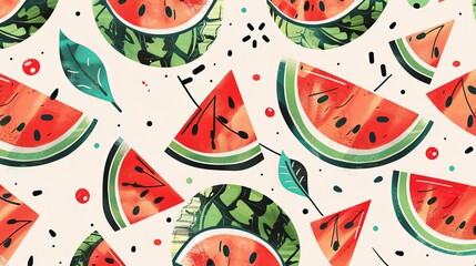 Aufkleber - A close-up image of red watermelon slices, seeds, and green rinds against a light background. Generative AI