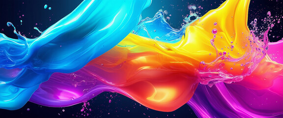 Poster - Abstract fluid design with colorful liquid waves and splashes on a dark background, 3D 