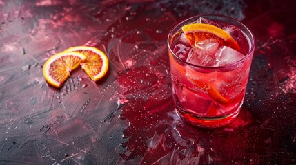 Wall Mural - A refreshing berry cocktail with slices of orange, sitting on a dark red surface