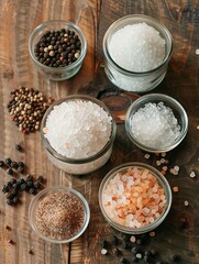 Poster - An overhead view of various salts and peppercorns arranged in small glass jars and bowls on a rustic wooden table. Generative AI