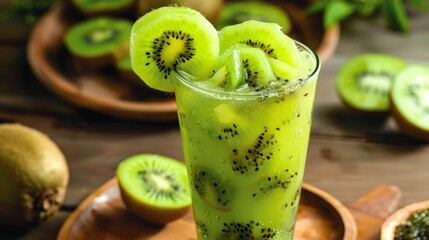 Wall Mural - A refreshing blend of kiwi juices topped with slices of fresh kiwi fruit