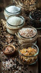 Poster - Various types of salt and pepper in glass jars and bowls, including sea salt, pink Himalayan salt, black peppercorns, and white pepper, are displayed on a rustic wooden surface. Generative AI
