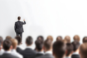 A professional businessman giving a presentation to an audience in a corporate setting