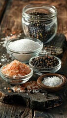 Poster - A close-up shot of various salts and peppers in glass jars and bowls on a rustic wooden surface. Generative AI