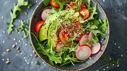 Healthy salad with fresh veggies like tomatoes, avocado, arugula, radish, and seeds in a bowl. It's a vegan dish