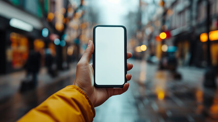 Wall Mural - Hand holding a smartphone with a blank screen on a blurred city street background, concept of technology and communication. Generative AI