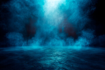 Poster - An empty cracked surface with a mystical blue smoke background, concept of mystery. Generative AI