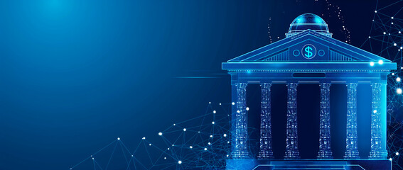 Aufkleber - A digital blue bank building illustration on a dark background, representing financial technology concepts. Generative AI