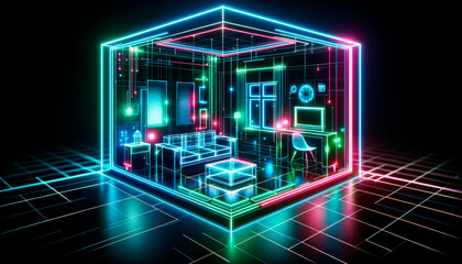 Poster - Neon wireframe room with furniture on a dark grid background, in a futuristic cyber concept. Generative AI