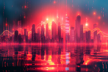 Poster - futuristic city skyline with glowing neon lights and reflections, digital art style, on a dark red b