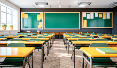 Aufkleber - An empty classroom with green chairs and yellow desks, a green chalkboard on a light background, educational concept. Generative AI