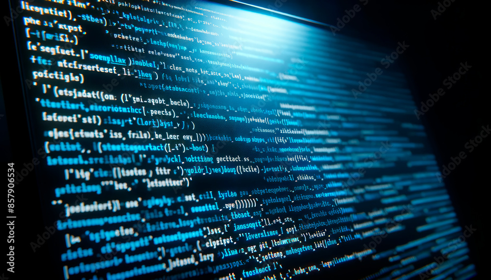 Close-up of blue-tinted computer code on a screen, implying cybersecurity or programming concept, with a dark background. Generative AI