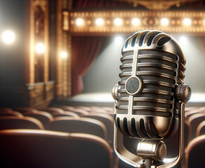 Poster - Vintage microphone in a theater with spotlight and blurred seats in the backdrop, symbolizing performance arts. Generative AI