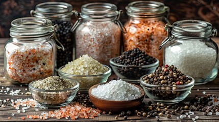 Poster - Various types of salt and pepper are displayed in glass jars and small bowls on a rustic wooden surface. Generative AI