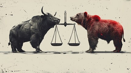 Wall Mural - A stylized vector graphic of a scale with a bull and a bear balancing each other, depicting market equilibrium.