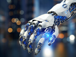 Aufkleber - Detailed robot hand with blue lights, bokeh light background, concept of advanced technology. Generative AI