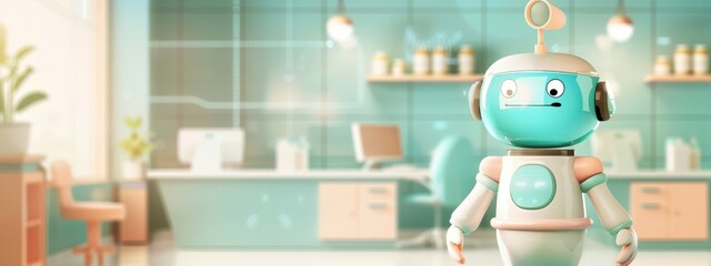 Poster - AI Health Bot in a Pediatric Clinic: A friendly, cartoon-like AI health bot assisting children by scheduling appointments and providing fun medication reminders, in a colorful, child-friendly clinic.