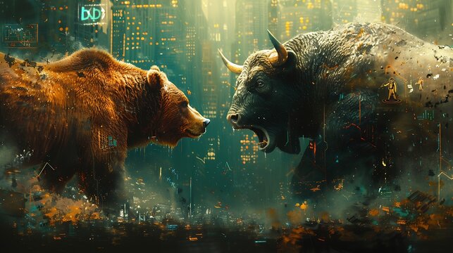 A surreal art piece showing a bear and bull engaged in a tug-of-war, representing market volatility with abstract stock market symbols and charts in the background.