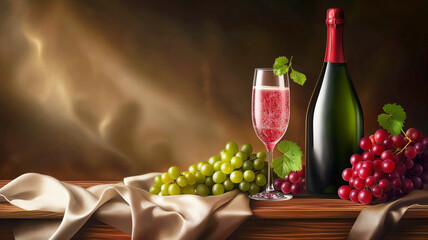 pink champaign in glass with full bottle on side isolated on wooden table fabric, green grapes art design