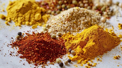 Fototapete - A close-up image of various spices, including turmeric, paprika, and coriander, spread out on a white surface. Generative AI