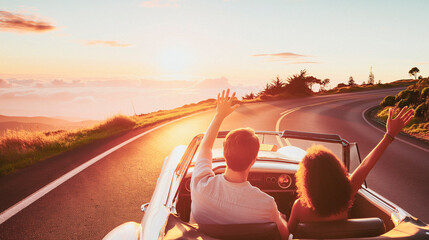 Fototapete - Couple enjoying a sunset drive in a convertible on a scenic road, natural outdoor light, concept of travel and freedom. Generative AI
