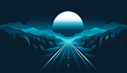 Fototapete - A stylized illustration of a night landscape with a road leading to a large moon, mountains, trees, and stars, on a dark background. Generative AI