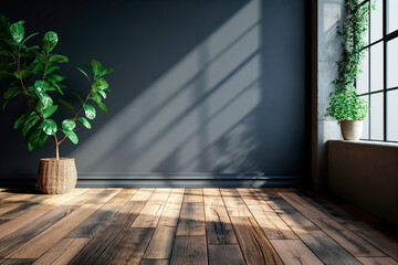 Poster - Indoor scene with sunlight casting shadows, potted plants on a wooden floor, serene and natural concept on a dark background. Generative AI