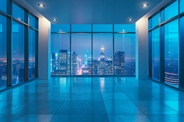 Poster - Modern office interior with large windows and a night city view, real estate concept. Generative AI