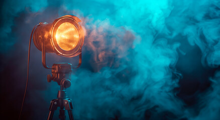 Poster - A spotlight with a lit lamp against a moody blue smoke-filled background, illustrating a creative concept. Generative AI