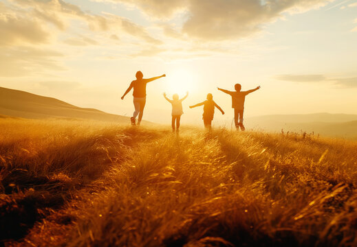 Silhouetted family holding hands in a field at sunset, conveying a concept of togetherness, against an orange sky background. Generative AI