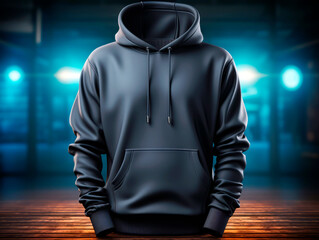 Wall Mural - Close-up of a blank gray hoodie mockup on a dark wooden surface against a blue-lit background, concept of branding design. Generative AI