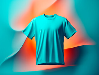 Poster - A blank turquoise t-shirt mockup on a dynamic orange and teal background, concept for design presentation. Generative AI