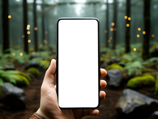 Poster - Hand holding smartphone with blank screen, forest background, for mockup design. Generative AI