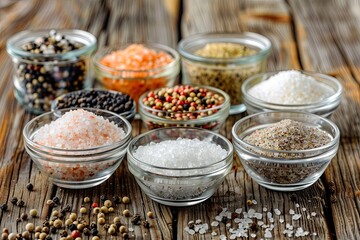Poster - Various types of salt and pepper in glass jars and bowls, including sea salt, pink Himalayan salt, black peppercorns, and white pepper. Generative AI