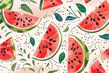 Leinwandbilder - A close-up view of red watermelon slices, with black seeds and green rind, on a light background. There are also small green leaves scattered throughout the image. Generative AI