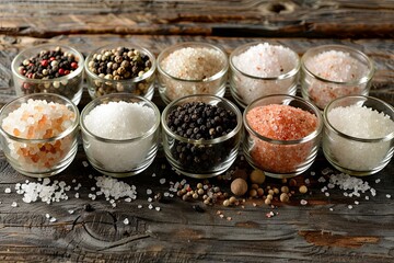 Poster - Close-up of assorted salts and peppercorns in glass containers on a wooden table. Generative AI