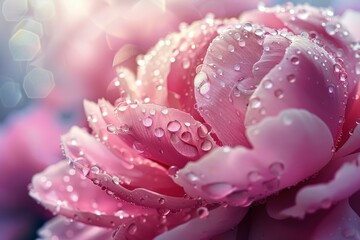 Wall Mural - Beautiful transparent drops of water on petal of pink peony flower. ai generative