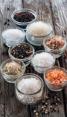 Poster - A variety of salt and pepper in glass jars and small bowls are arranged on a rustic wooden surface. Generative AI