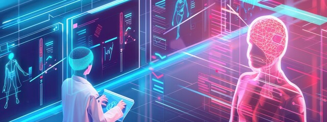 Poster - ai in medicine: a futuristic hospital scene where doctors are using ai-driven diagnostic tools, high