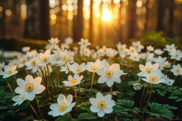 white primroses in spring in the forest close up in sunlight in nature. ai generative
