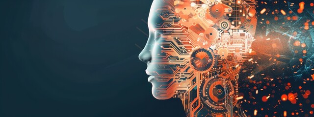 Poster - An abstract illustration of a human head, half made of organic material and half composed of mechanical gears and circuits, representing the fusion of humanity and technology