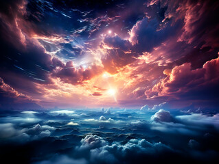 Poster - A dramatic sky with clouds and sun rays, overlaid with stars on a dark blue background, concept of nature's majesty. Generative AI