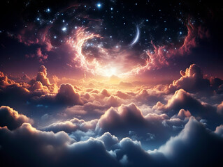 Poster - A surreal sky with clouds, stars, and cosmic energy on a cloud and starry background, depicting a fantasy concept. Generative AI