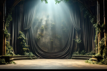 Poster - An enchanting stage with velvet curtains, overgrown with foliage, illuminated by celestial light, set against a mystical forest background. Generative AI
