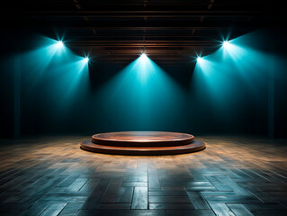 Poster - An empty stage with spotlight, wood and metal materials, dark blue background, showcasing a display concept. Generative AI