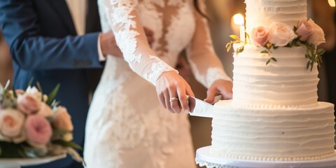 Wall Mural - Bride and groom cut the wedding cake at their ceremony, celebrating love and togetherness.