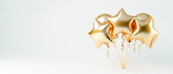 Cluster of golden star-shaped balloons on a white background, concept of celebration and decoration. Generative AI